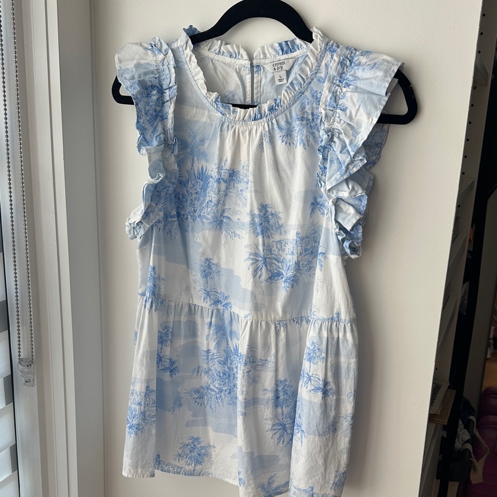 Blue and White Toile Ruffle Sleeve Top